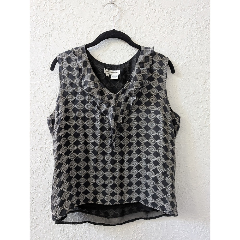 Nora Noh Silk Sleeveless Blouse Women L 100% Silk Black White Ruffle Geometric
